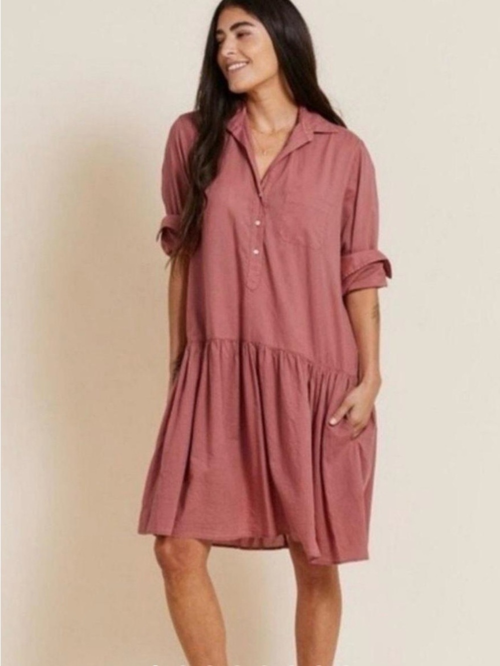 Grayson The Changemaker Tissue Cotton Tiered Shirtdress in Rosewood Size L (04)